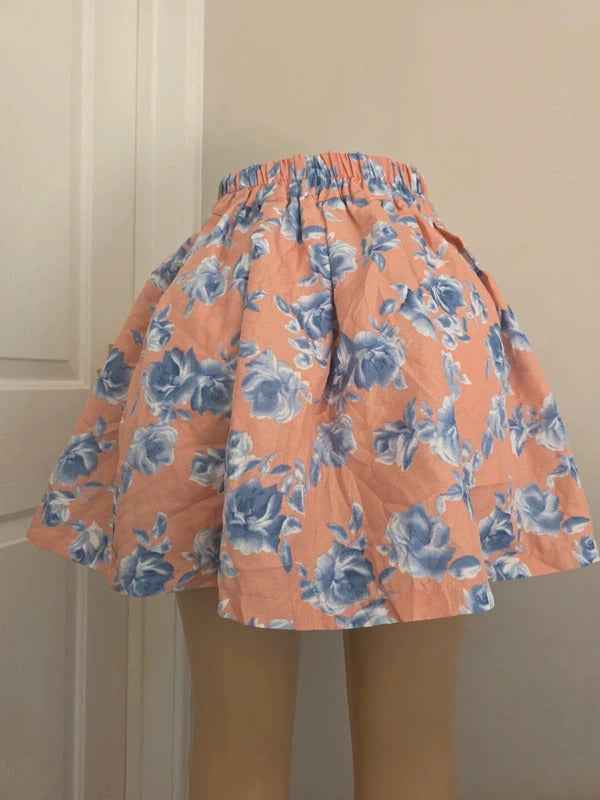 Japanese Floral Pleated Mini Skirt Pink Blue Roses UK Size 4/6