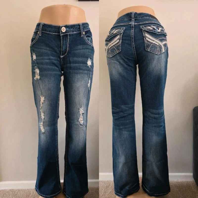 Vintage Y2K Twenty One Black Mid Rise Bootcut Distressed Jeans UK Size 14