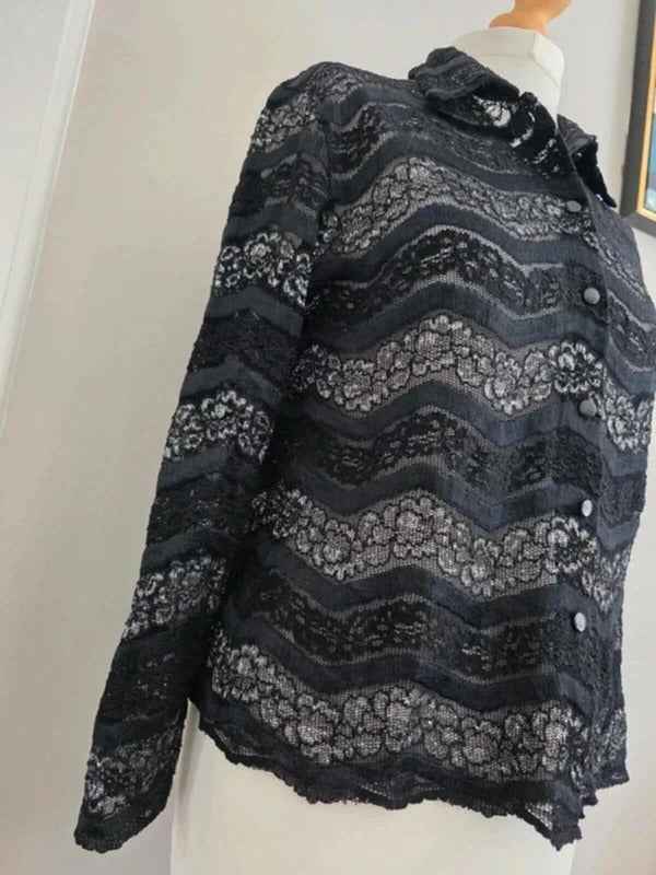 Vintage Y2K Sheer Sparkly Black Lace Blouse Les Tulipes UK Size 10/12