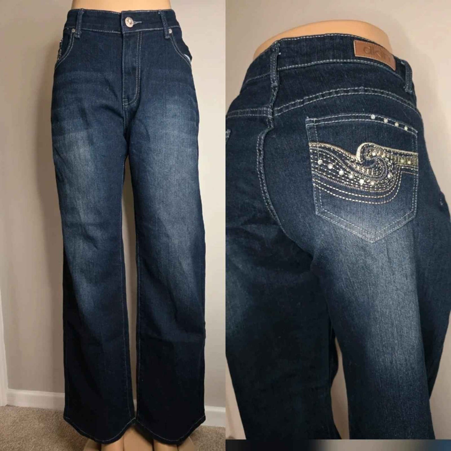 Vintage Y2K DKIN Mid Rise Wide Leg Dark Wash Embellished Pocket Jeans UK 16