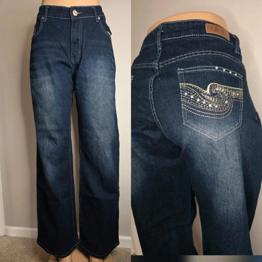 Vintage Y2K DKIN Mid Rise Wide Leg Dark Wash Embellished Pocket Jeans UK 16