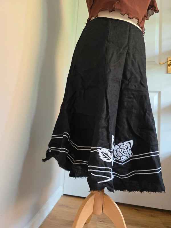 Nine West Black Linen Embroidered Midi Skirt UK Size 8