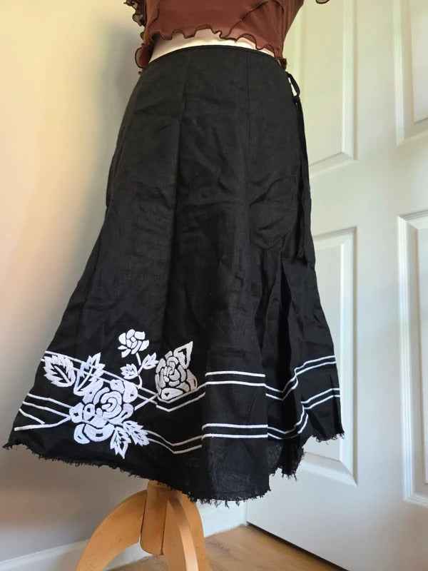 Nine West Black Linen Embroidered Midi Skirt UK Size 8