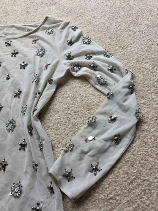 Vintage Y2K Sheer Embellished Mesh Top Long Sleeve UK Size 10
