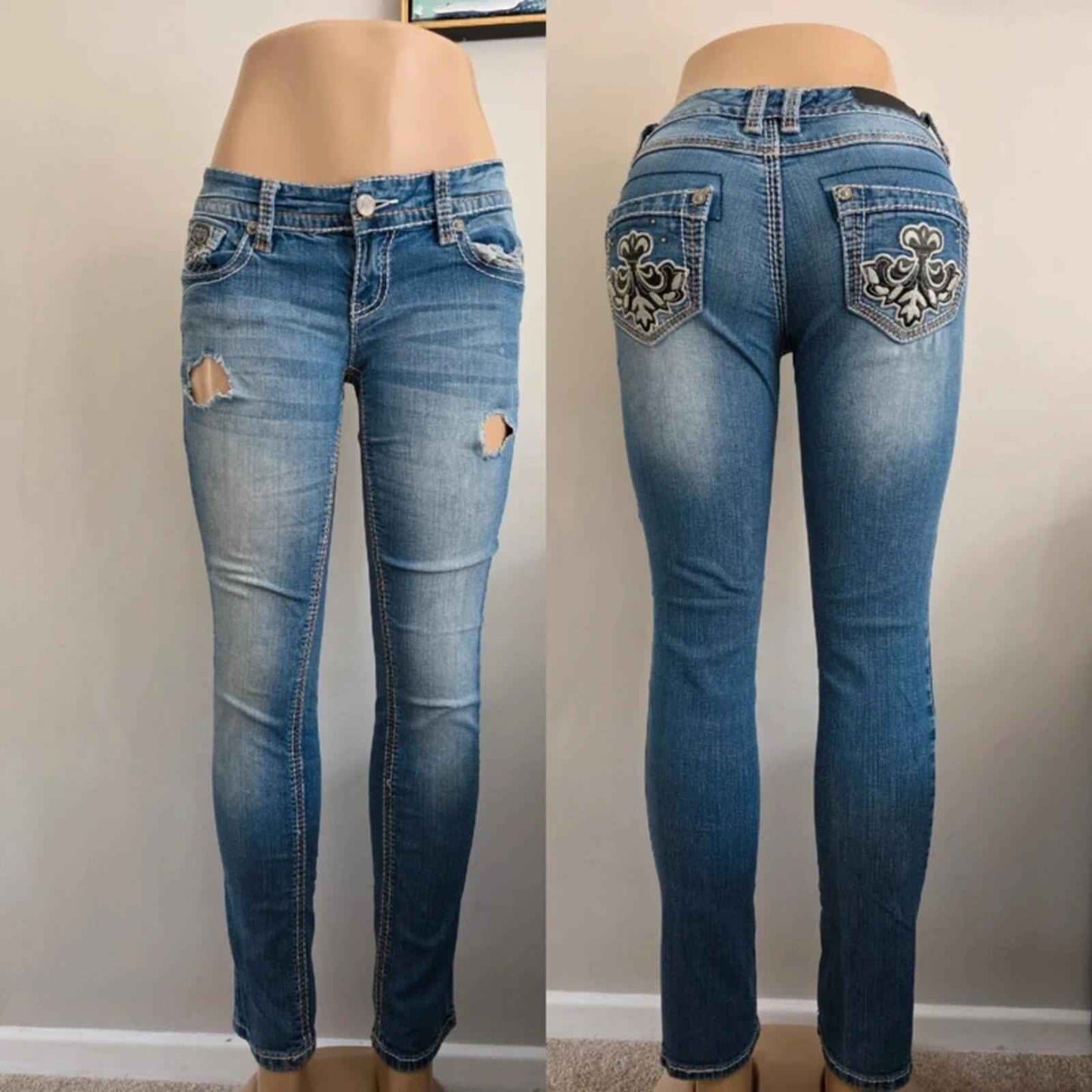 Vintage Y2K Twentyone Black Low Rise Skinny Distressed Jeans UK Size 4/6