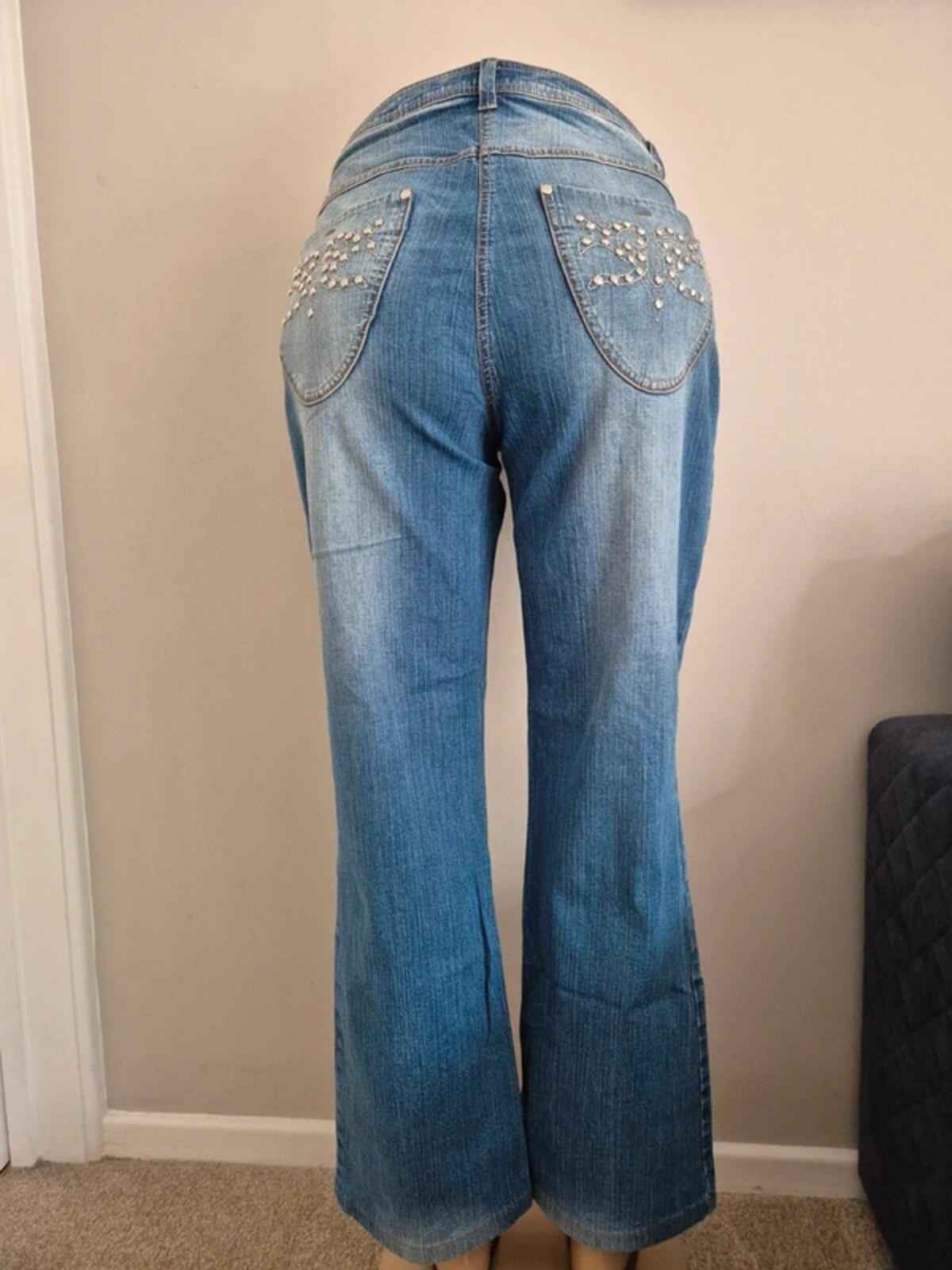 Vintage Y2K Ulla Popken Mid Rise Bling Flared Jeans UK Size 14/16 Petite