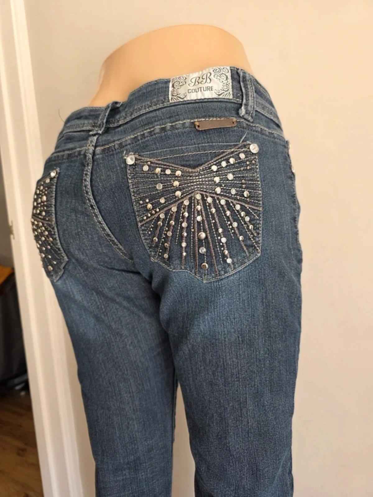 Vintage Y2K BB Couture Ultra Low Rise Skinny Bling Jeans UK Size 12