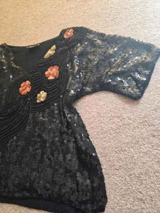 Vintage Y2K Hand Beaded Sequin Top Black Floral Embellished UK Size M