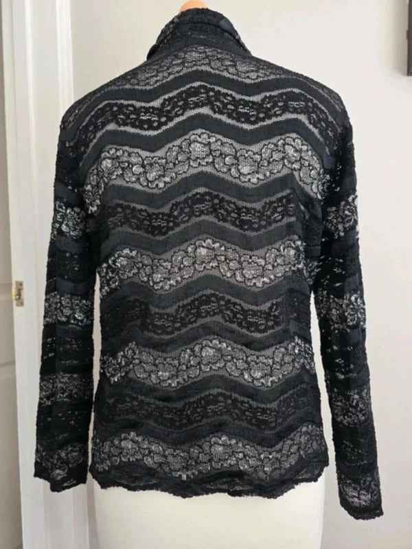 Vintage Y2K Sheer Sparkly Black Lace Blouse Les Tulipes UK Size 10/12