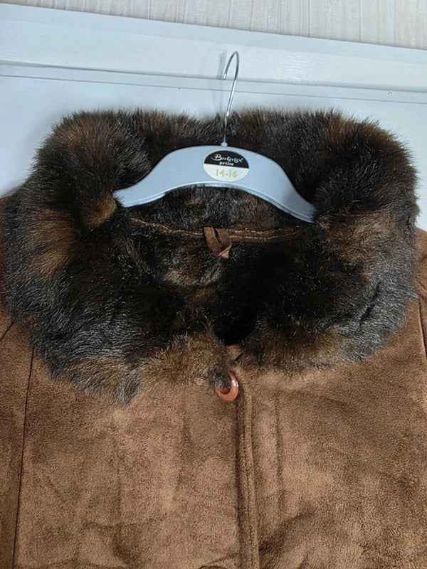 Vintage Y2K Faux Suede Longline Coat with Faux Fur Collar UK size 16/18