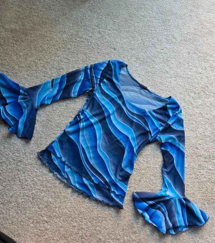 Vintage Y2K Blue Sheer Mesh Flare Sleeve Top UK Size 6/8